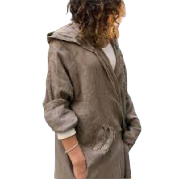 ORGANIC LINEN EILEEN FISHER Women’s SZ L Anorak Jacket Button Pockets Hood Brown - Picture 17 of 17